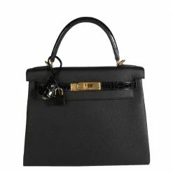 Hermes Black Togo Leather Niloticus Crocodile Kelly Retourne 28 Bag For Women