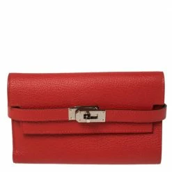 Hermes Rouge Casaque Evercolor Leather Kelly Depliant Medium Wallet For Women