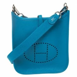 Hermes Bleu Zanzibar Clemence Leather Evelyne TPM Shoulder Bag For Women