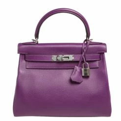 Hermes Anemone Evercolor Leather Palladium Plated Kelly Retourne 28 Bag For Women