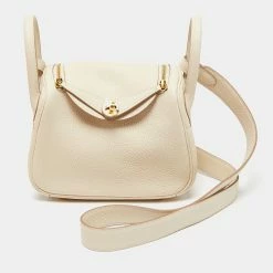 Hermes Craie Clemence Leather Gold Finish Mini Lindy Bag For Women