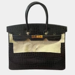 Hermes Black Graphite Smooth Porosus Crocodile Leather Gold Hardware Birkin 35 Bag For Women