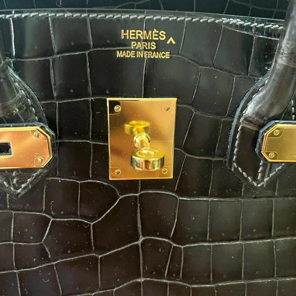 Hermes Black Graphite Smooth Porosus Crocodile Leather Gold Hardware Birkin 35 Bag For Women 14 Hermes Black Graphite Smooth Porosus Crocodile Leather Gold Hardware Birkin 35 Bag For Women - Image 12
