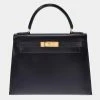 HERMES Kelly 28 Outer Sewing 2WAY Bag Black BOXCalfskin Ladies Handbag For Women