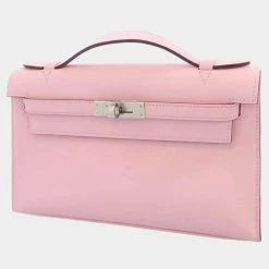 Hermes Pink Swift Leather Palladium Hardware Kelly Pochette Top Handle Bag For Women