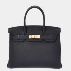 Hermes Black Clemence Leather Gold Hardware Birkin 30 Bag For Women