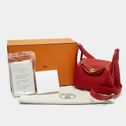 Hermes Hermès Rouge Tomate Taurillon Clemence Leather Gold Finish Mini Lindy Bag For Women -Deals Hermes Store luxury women hermes new handbags p674214 002