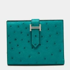 Hermes Vert Verone Ostrich Bearn Compact Wallet For Women