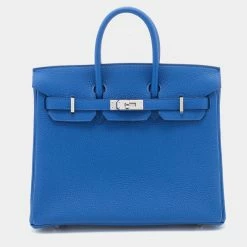 Hermes Bleu France Togo Leather Palladium Plated Birkin 25 Bag For Women