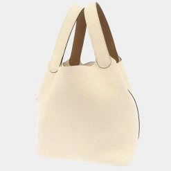 Hermes White Taurillon Clemence/Swift Leather Picotin Lock MM Tote Bag For Women