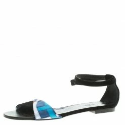Hermes Black Suede And Printed Silk Flat Sandals Size 37.5 For Women