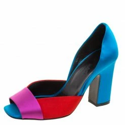 Hermes Tricolor Satin Block Heel Peep Toe D'orsay Pumps Size 37 For Women