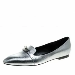 Hermes Metallic Silver Leather Pegase Mini Kelly Buckle Ballet Flats Size 38 For Women
