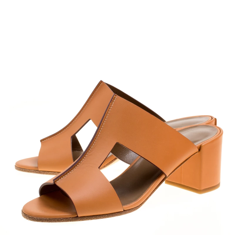 Hermes Natural Brown Leather Ostia Block Heel Sandals Size 38 For Women 6 Hermes Natural Brown Leather Ostia Block Heel Sandals Size 38 For Women - Image 4