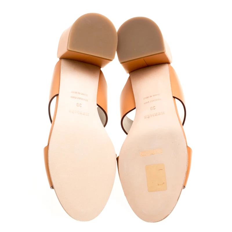 Hermes Natural Brown Leather Ostia Block Heel Sandals Size 38 For Women 8 Hermes Natural Brown Leather Ostia Block Heel Sandals Size 38 For Women - Image 6