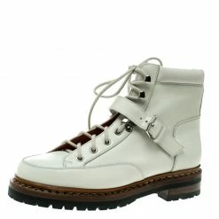 Hermes Off White Leather Ex Libris Detail Hiking Boots Size 37 For Women