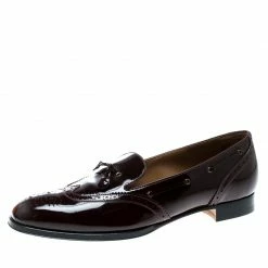 Hermes Burgundy Patent Leather Brogue Loafers Size 39 For Women