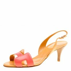 Hermes Pink And Beige Leather Night Slingback Sandals Size 38.5 For Women