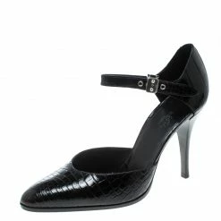 Hermes Black Crocodile Leather Ankle Strap Pumps Size 38.5 For Women