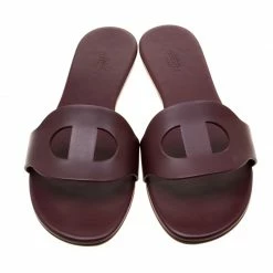 Hermes Burgunday Leather Lisboa Flat Slides Size 38 For Women -Deals Hermes Store luxury women hermes new shoes p206127 004