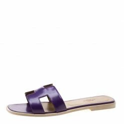 Hermes Purple Leather Oran Flat Slides Size 39 For Women