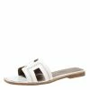 Hermes White Leather Stitch Detail Oran Flat Slides Size 36 For Women -Deals Hermes Store luxury women hermes new shoes p219704 007