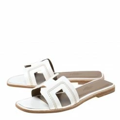 Hermes White Leather Stitch Detail Oran Flat Slides Size 36 For Women -Deals Hermes Store luxury women hermes new shoes p219704 008