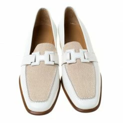 Hermes White/Beige Leather And Canvas H Constance Loafers Size 39.5 For Women -Deals Hermes Store luxury women hermes new shoes p222412 006