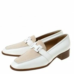 Hermes White/Beige Leather And Canvas H Constance Loafers Size 39.5 For Women -Deals Hermes Store luxury women hermes new shoes p222412 007