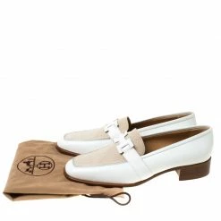 Hermes White/Beige Leather And Canvas H Constance Loafers Size 39.5 For Women -Deals Hermes Store luxury women hermes new shoes p222412 008