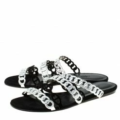 Hermes Metallic Silver Leather And Black Suede Chaine D'ancre Flat Sandals Size 38 For Women -Deals Hermes Store luxury women hermes new shoes p226839 008
