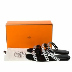 Hermes Metallic Silver Leather And Black Suede Chaine D'ancre Flat Sandals Size 38 For Women -Deals Hermes Store luxury women hermes new shoes p226839 009
