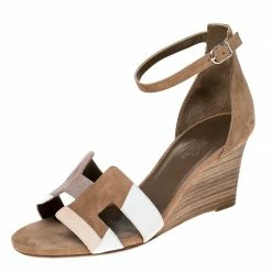 Hermes Multicolor Suede Legend Wedge Ankle Strap Sandals Size 37 For Women