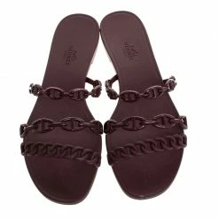 Hermes Brown Rubber Rivage Chain Detail Slip On Flats Size 40 For Women -Deals Hermes Store luxury women hermes new shoes p256148 003