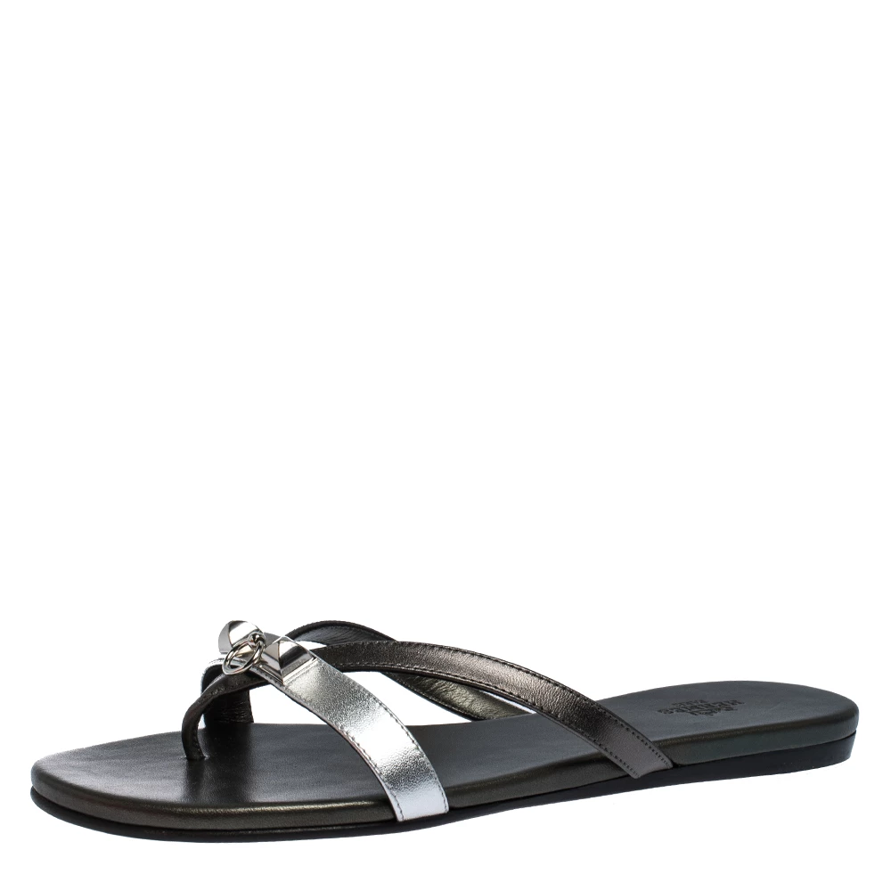Hermes Metallic Silver/Black Leather Corfu Thong Sandals Size 37 For Women 3 Hermes Metallic Silver/Black Leather Corfu Thong Sandals Size 37 For Women