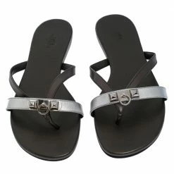 Hermes Metallic Silver/Black Leather Corfu Thong Sandals Size 37 For Women 12 Hermes Metallic Silver/Black Leather Corfu Thong Sandals Size 37 For Women -Deals Hermes Store luxury women hermes new shoes p287791 008