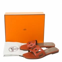 Hermes Orange Leather Omaha Flat Slides Size 39.5 For Women -Deals Hermes Store luxury women hermes new shoes p293802 002