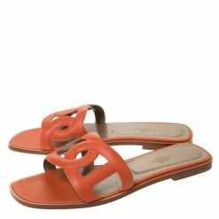Hermes Orange Leather Omaha Flat Slides Size 39.5 For Women -Deals Hermes Store luxury women hermes new shoes p293802 003