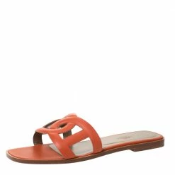 Hermes Orange Leather Omaha Flat Slides Size 39.5 For Women