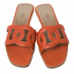 Hermes Orange Leather Omaha Flat Slides Size 39.5 For Women -Deals Hermes Store luxury women hermes new shoes p293802 007