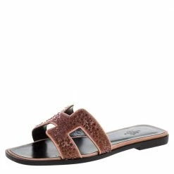 Hermes Suede Leather Pearl Embellished Oran Flat Slides Size 37 For Women