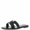 Hermes Black Crystal Embellished Leather Oran Flat Sandals Size 36.5 For Women