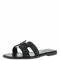 Hermes Black Crystal Embellished Leather Oran Flat Sandals Size 36.5 For Women