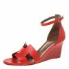 Hermes Red Leather Legend Wedge Ankle Strap Sandals Size 40.5 For Women