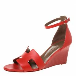 Hermes Red Leather Legend Wedge Ankle Strap Sandals Size 40.5 For Women
