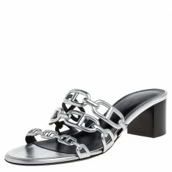 Hermes Silver Leather Tandem Slide Sandals Size 36 For Women