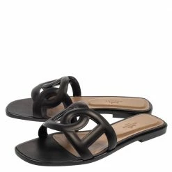 Hermes Black Leather Omaha Flat Slides Size 39 For Women -Deals Hermes Store luxury women hermes new shoes p384913 006