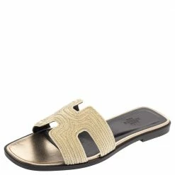 Hermes Metallic Pale Gold Twisted Metal Thread Oran Sandals Size 37 For Women