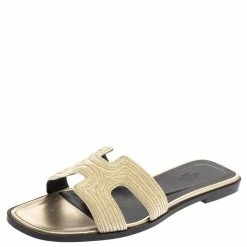 Hermes Metallic Pale Gold Twisted Metal Thread Oran Sandals Size 39.5 For Women