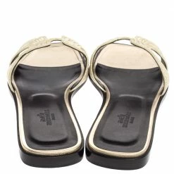 Hermes Metallic Pale Gold Twisted Metal Thread Oran Sandals Size 39.5 For Women -Deals Hermes Store luxury women hermes new shoes p394802 006